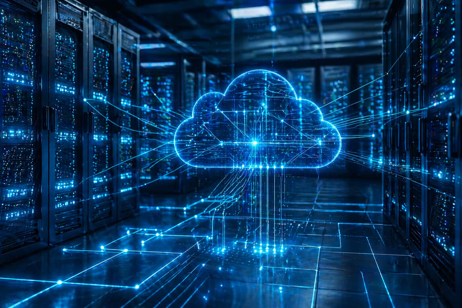 Cloud computing infrastructure with server data center and network connections - OpsBee Technology