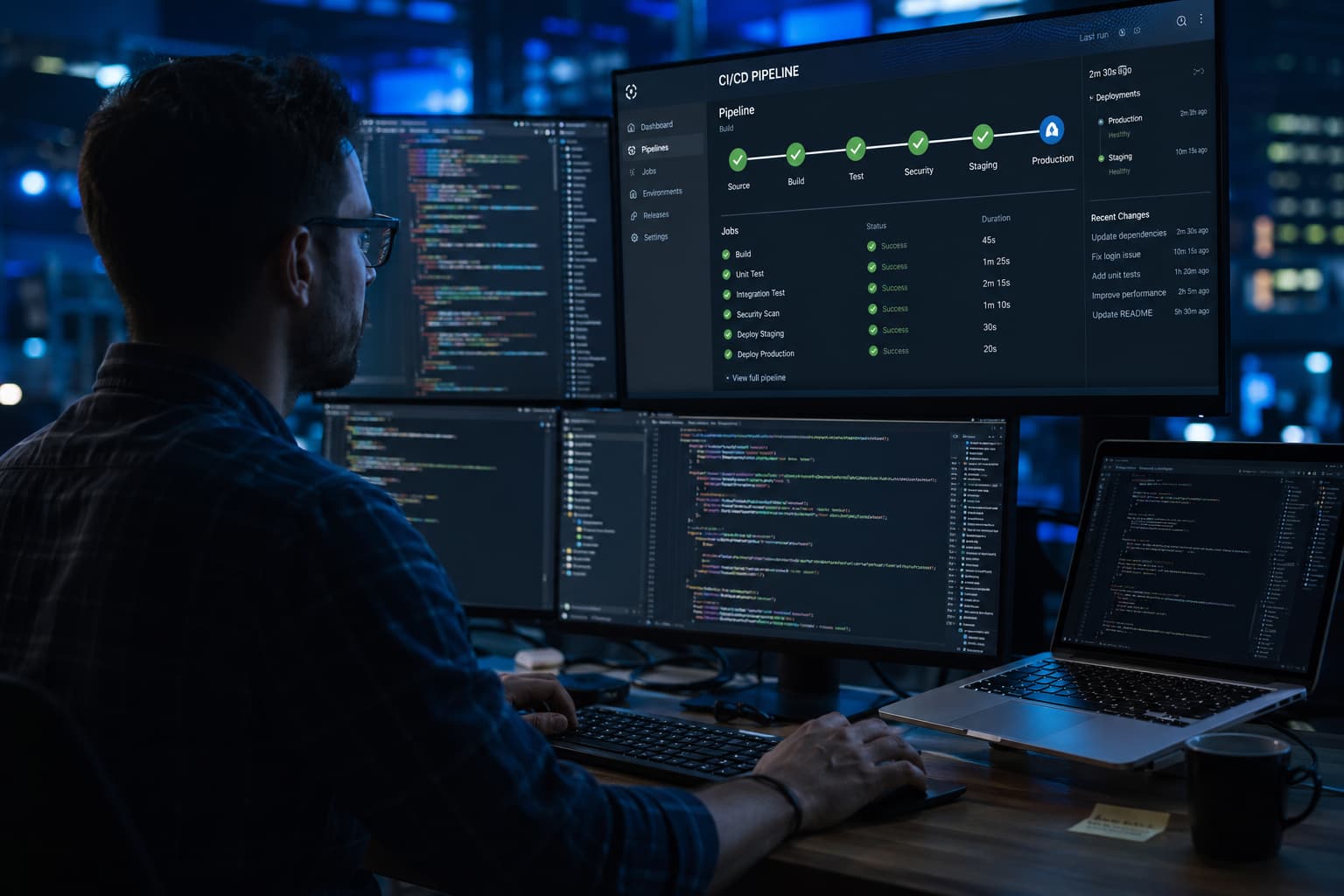 DevOps developer monitoring CI/CD pipeline dashboard with multiple screens - OpsBee Technology