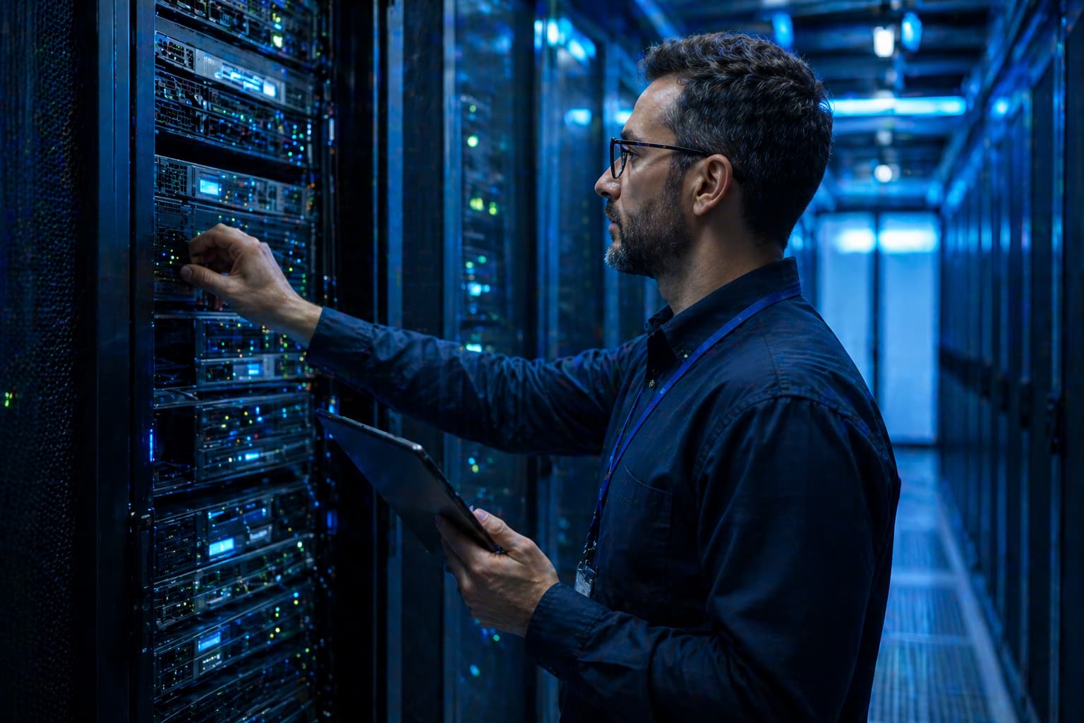 IT services technician managing server rack in data center - OpsBee Technology