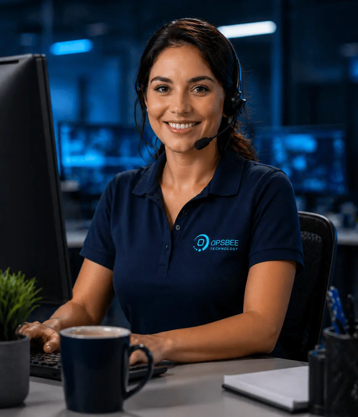 OpsBee Technology IT support specialist with headset ready to help customers with cloud and DevOps services