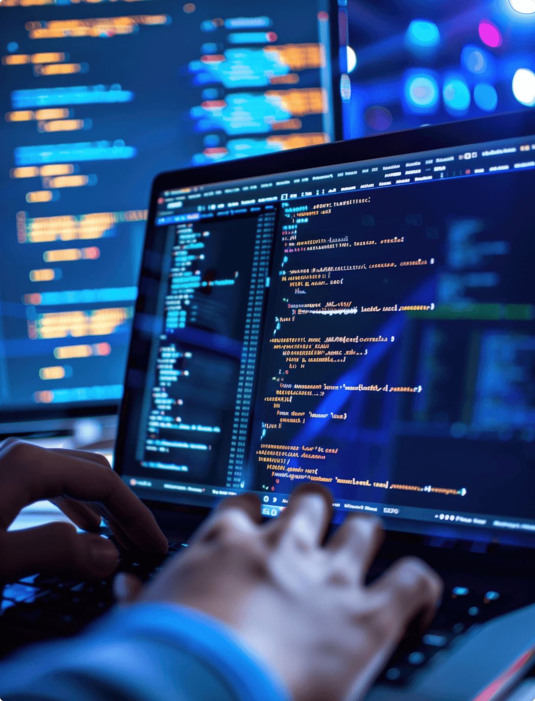 Software developer coding custom solutions on laptop with multiple screens - OpsBee Technology
